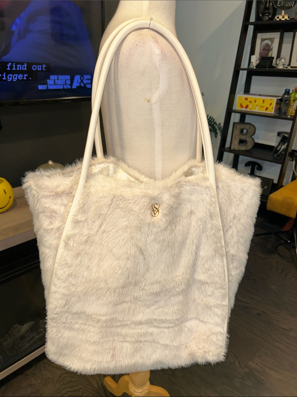 Victoria's Secret Ivory Faux-Fur Tote with Gold Logo